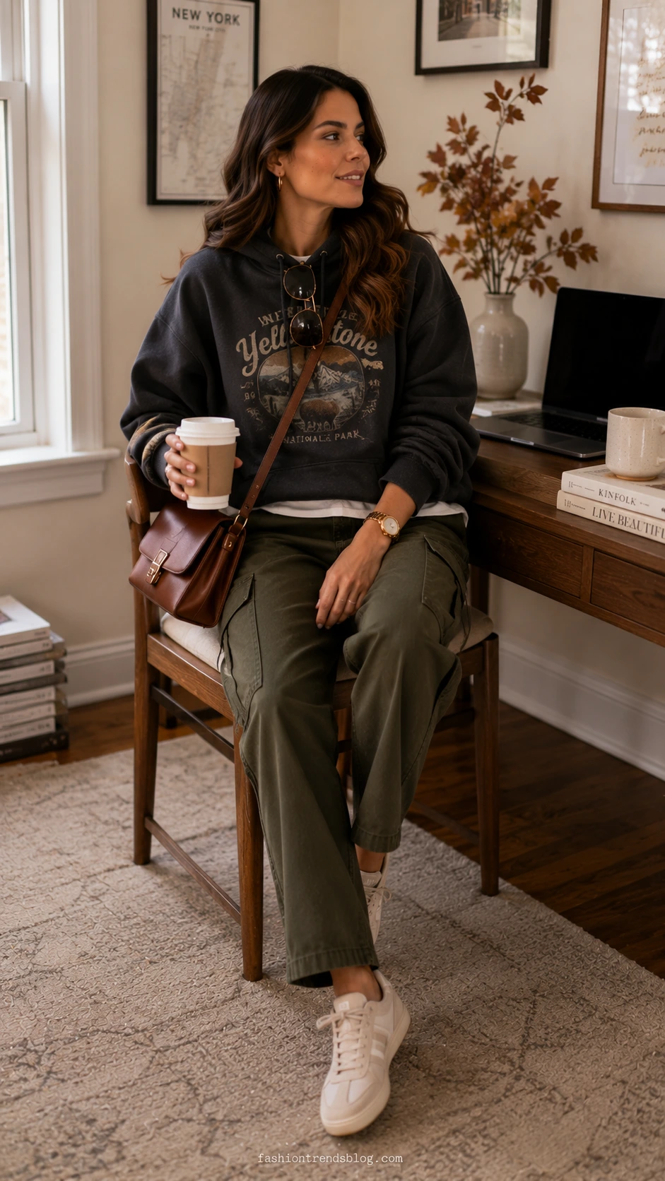 Cute Outfit Ideas For Fall: woman in a charcoal graphic hoodie over a white tee and olive green cargo utility pants