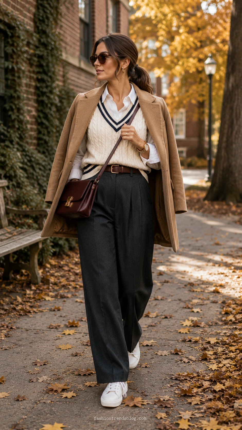 Woman in cricket sweater, oxford shirt, pleated trousers, camel coat, and sneakers for Cute Outfit Ideas For Fall