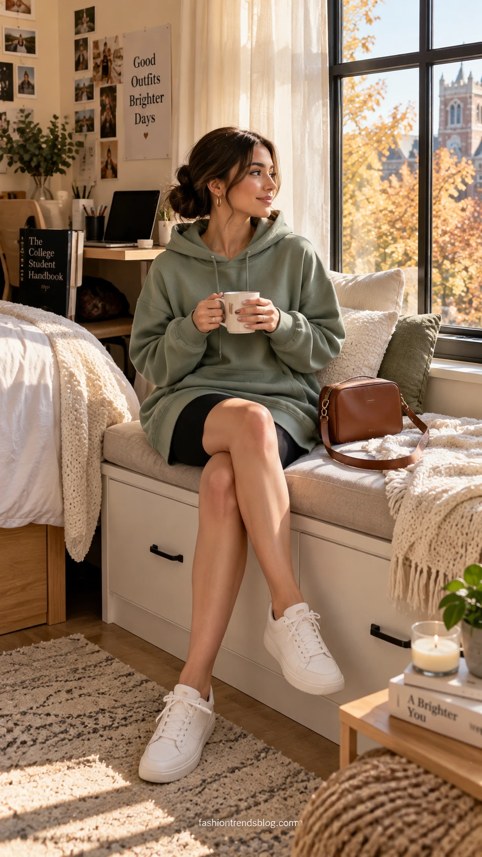 Woman in oversized sage green hoodie dress layered over black bike shorts, sitting on a window bench in a sunlit college apartment — the ultimate cozy campus outfit