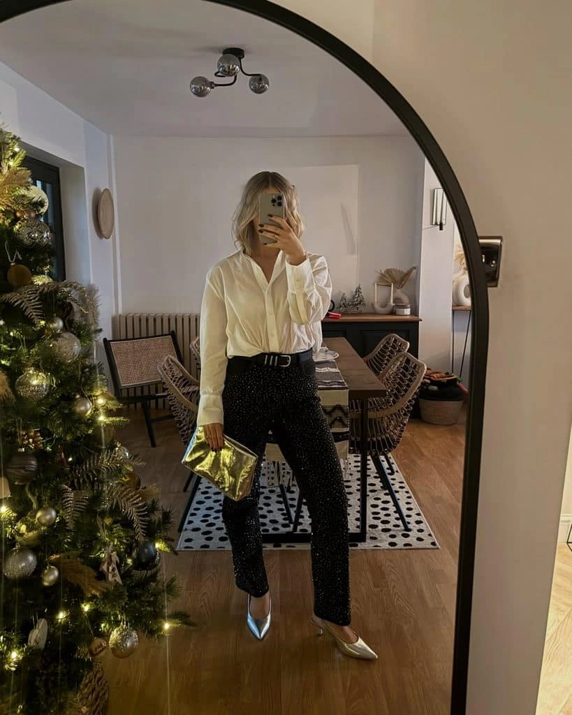 1- Ivory Satin Blouse With Black Trousers