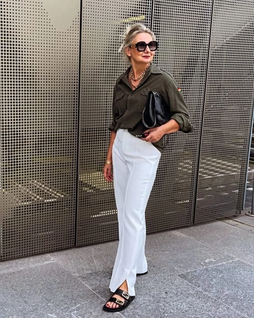 11- Khaki Shirt with White Trousers