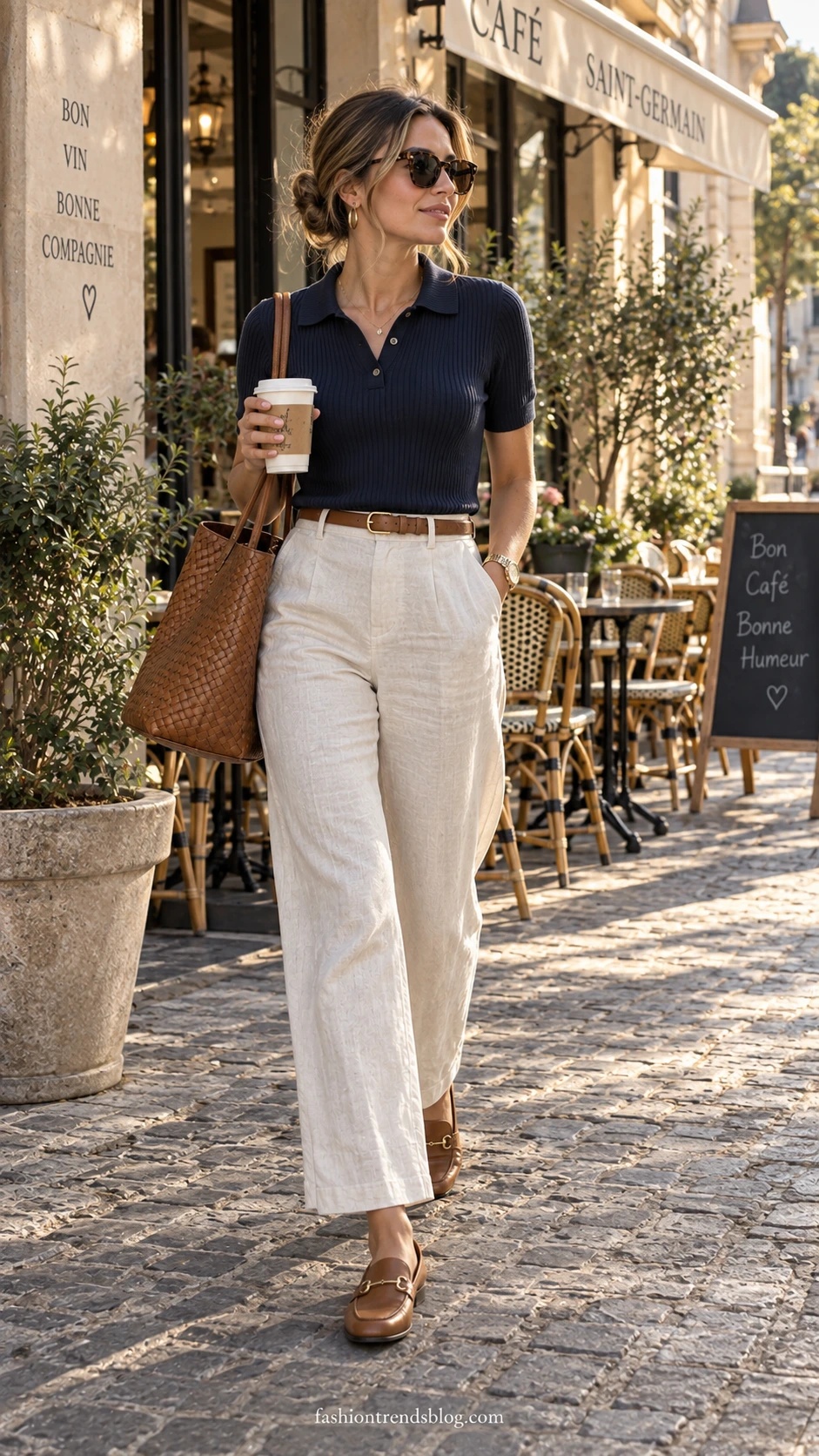 Woman in a navy ribbed knit polo tucked into high-waisted ivory pants, a casual linen pants outfit with cognac loafers and woven tote
