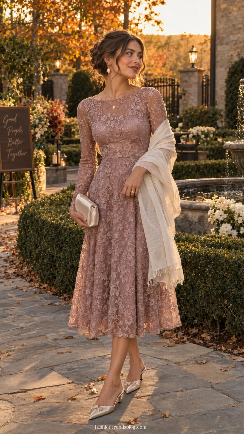 Woman in dusty mauve midi lace overlay dress at golden hour garden wedding, warm copper foliage backdrop highlighting an elegant fall wedding guest look