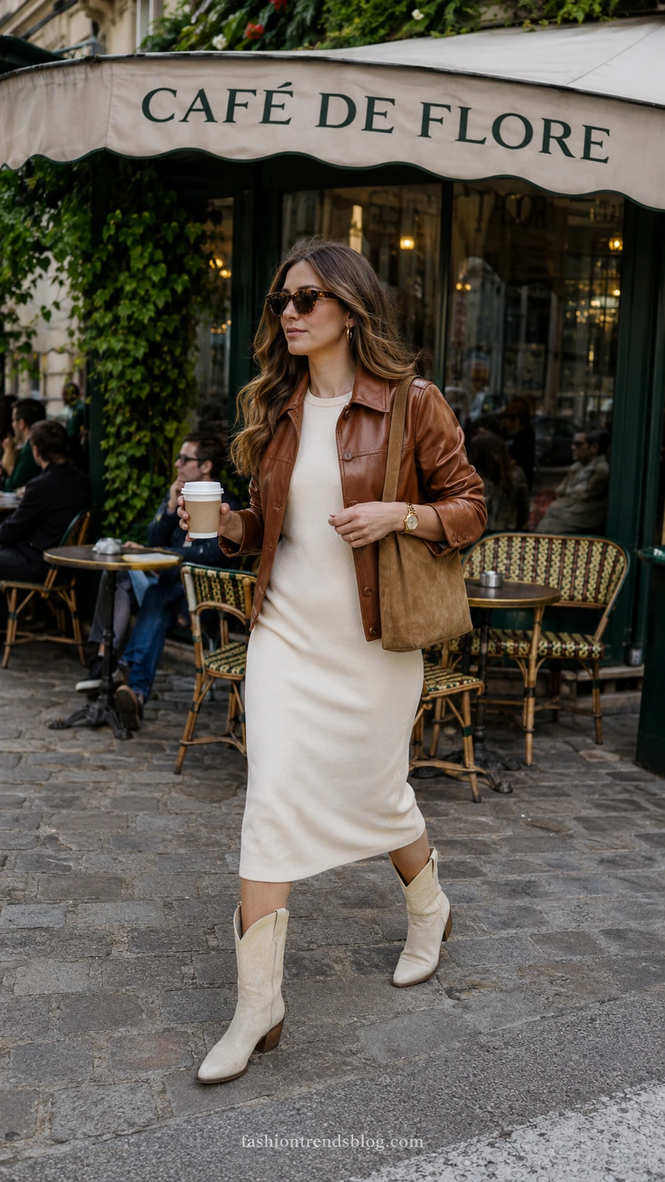 Woman in a cognac leather jacket over a cream midi dress and ivory western boots, styling a classy cowboy boots outfit.
