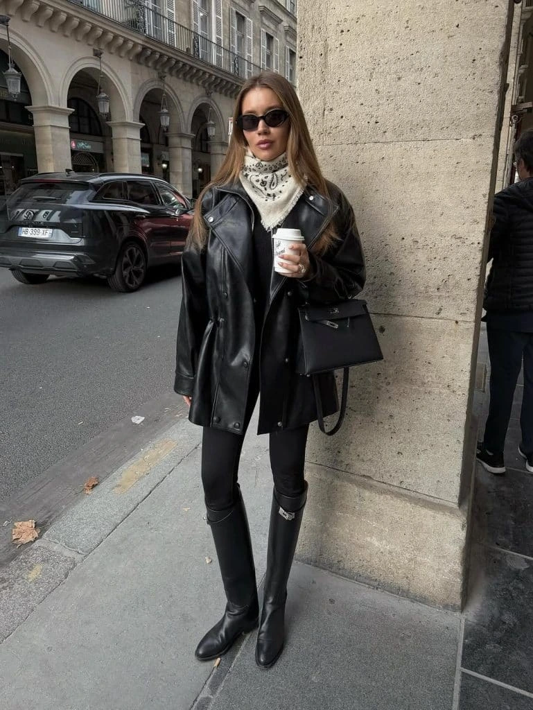 2- Leather Jacket with a Skinny Scarf