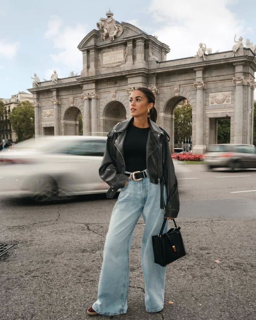 9- Leather With Wide-Leg Denim