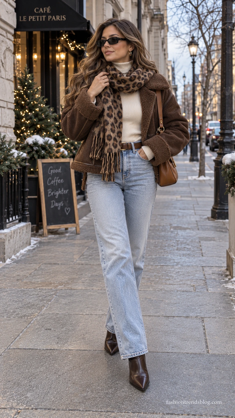 Woman adjusts a leopard scarf with ivory turtleneck, brown shearling aviator jacket, and light-wash denim for Y2K winter outfit ideas
