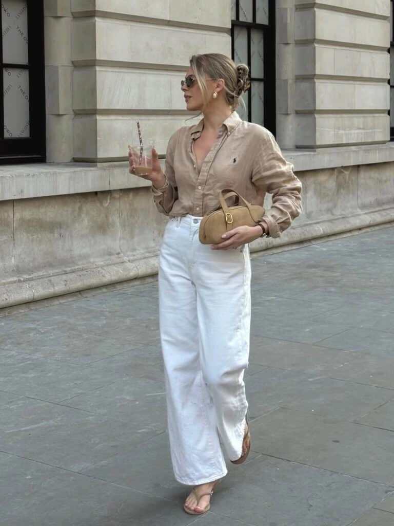 18- Linen Shirt and White Wide Legs