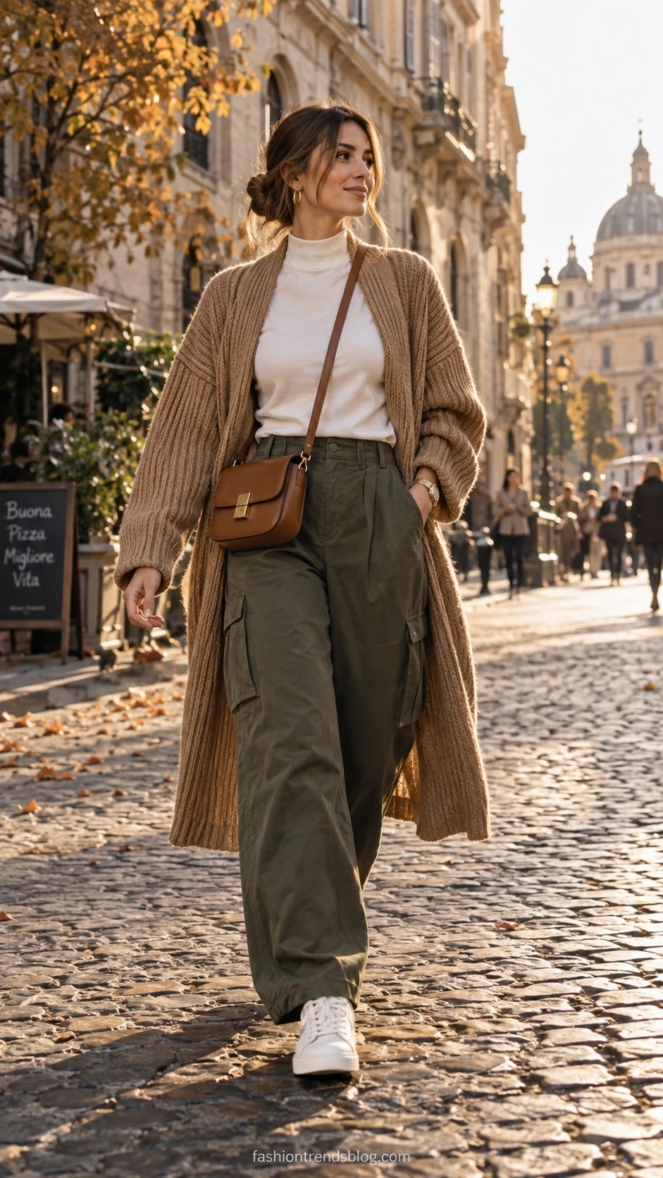 Woman in oversized camel ribbed-knit long cardigan paired with cargo pants, styled in confident mid-stride walk on cobblestone street in golden hour light