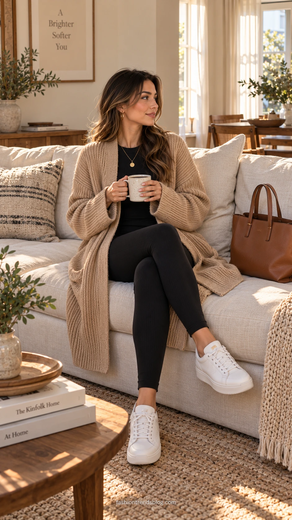 Woman in long oatmeal ribbed knit cardigan over black leggings and white sneakers, seated cross-legged on a cream couch in a sunlit Scandinavian living room