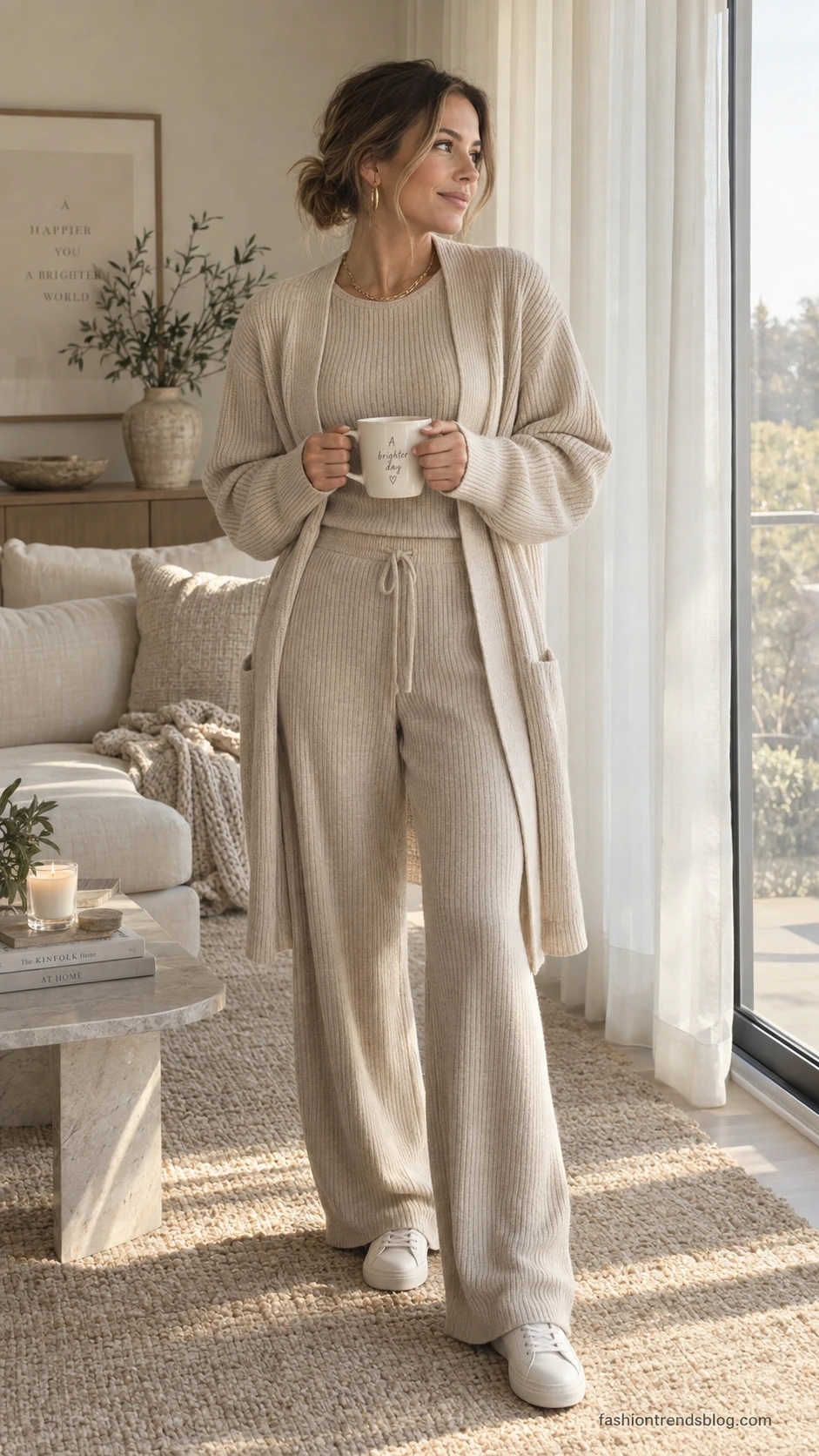 Woman layering a long cardigan over a matching oatmeal ribbed loungewear set in a sunlit minimalist living room, showing how to elevate long cardigan outfits at home