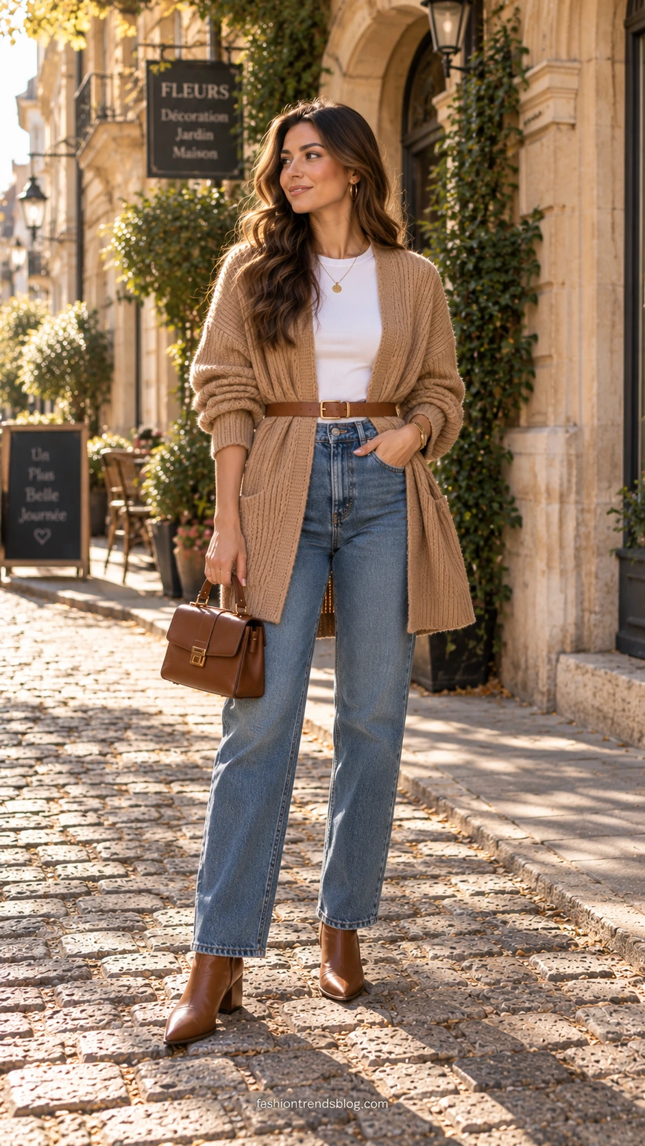 Woman wearing a long chunky ribbed camel cardigan with straight leg jeans on a sunlit cobblestone street, a polished long cardigan outfit for everyday style