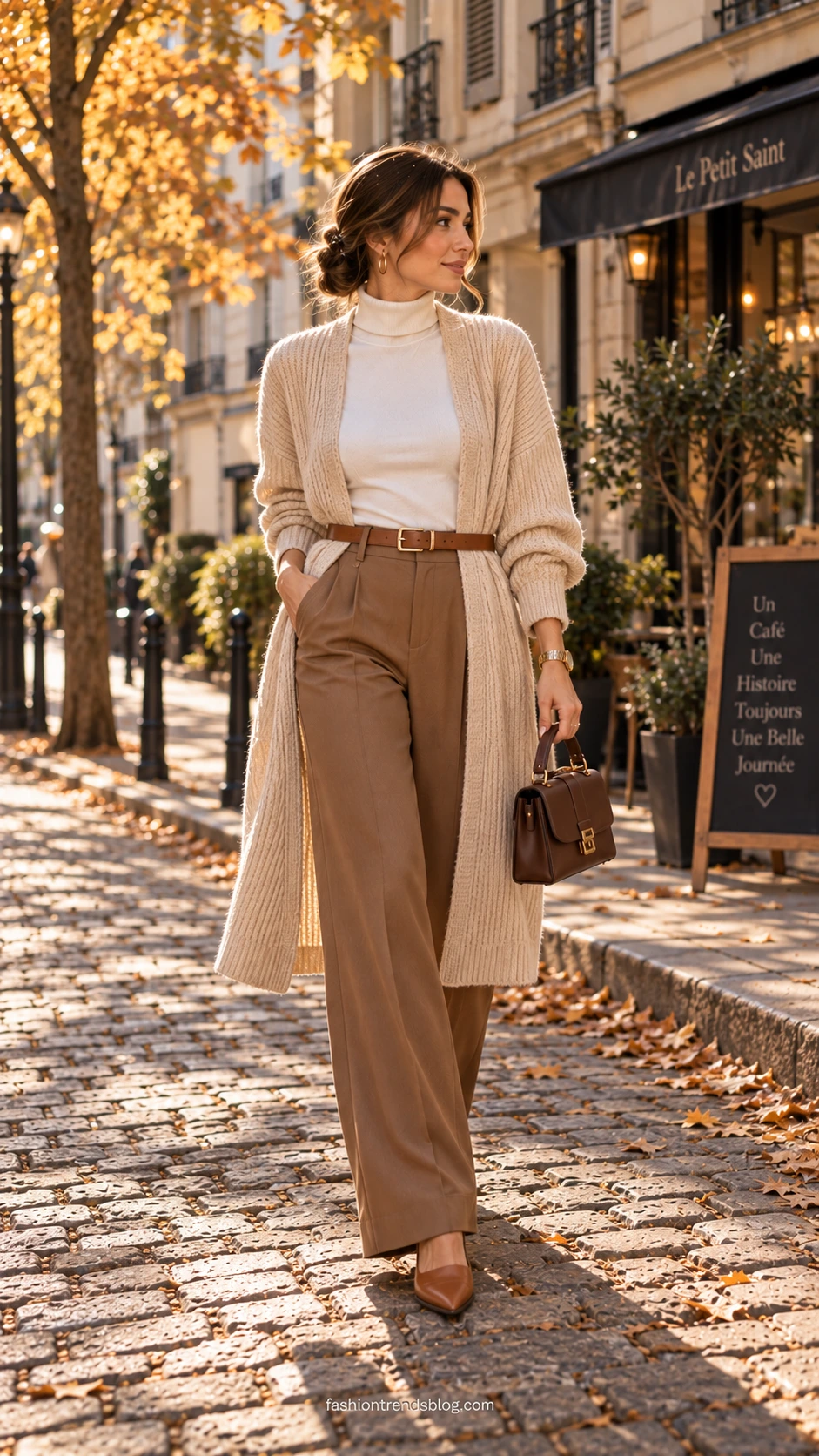 Woman wearing a long oatmeal ribbed cardigan over an ivory turtleneck tucked into high-waisted wide-leg caramel trousers, a polished long cardigan outfit for fall