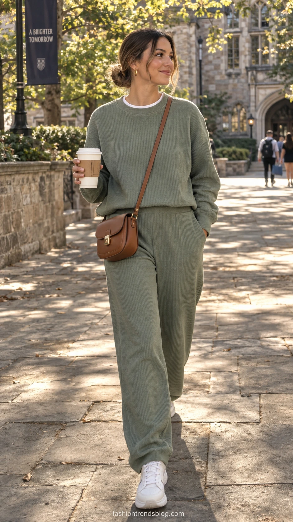 Woman wearing a matching dusty sage green ribbed sweat set with wide-leg joggers and white chunky sneakers for an elevated college look