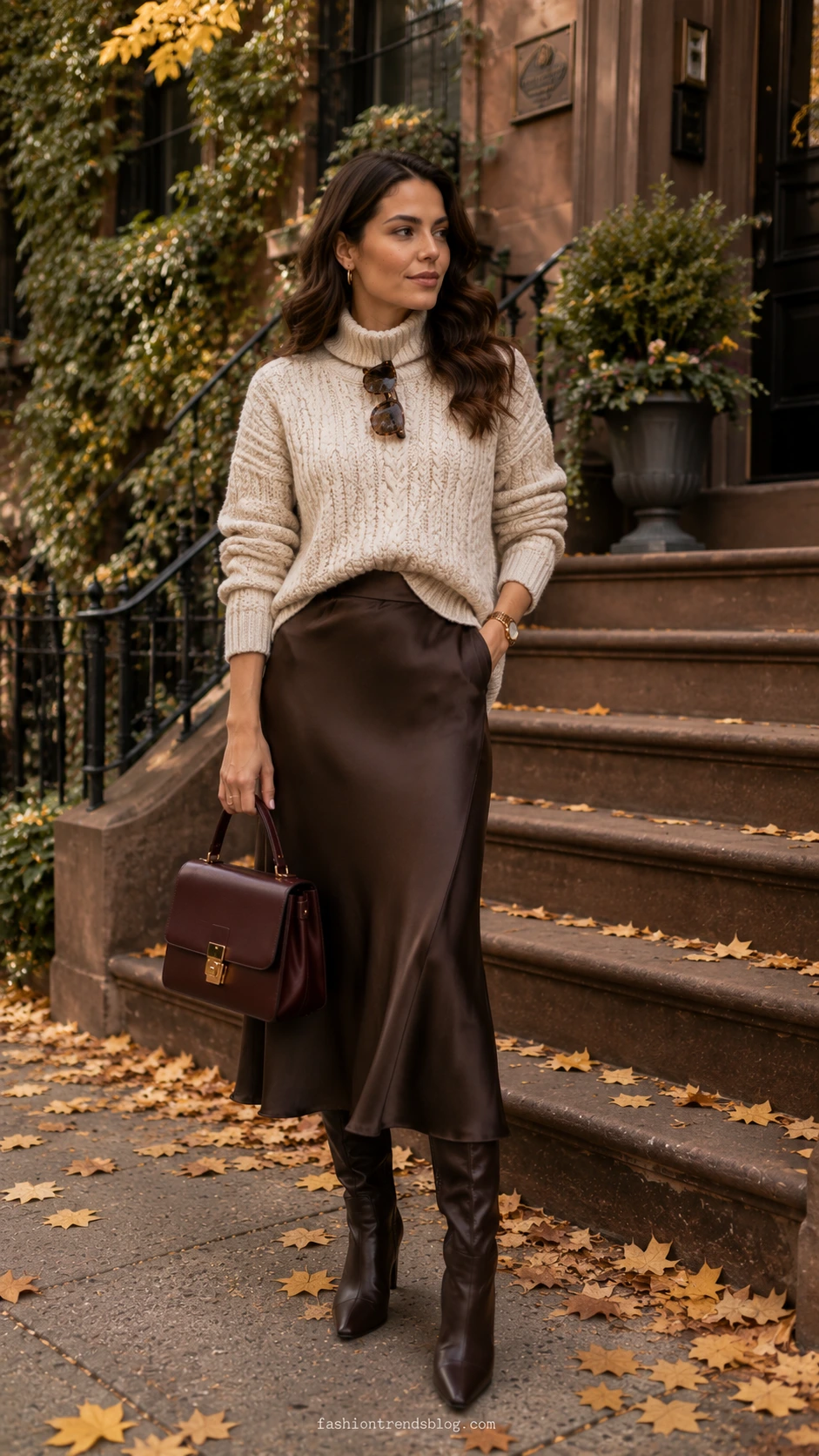 Woman on a leafy brownstone stoop in an oatmeal chunky knit, brown satin midi skirt, and boots for fall outfit ideas