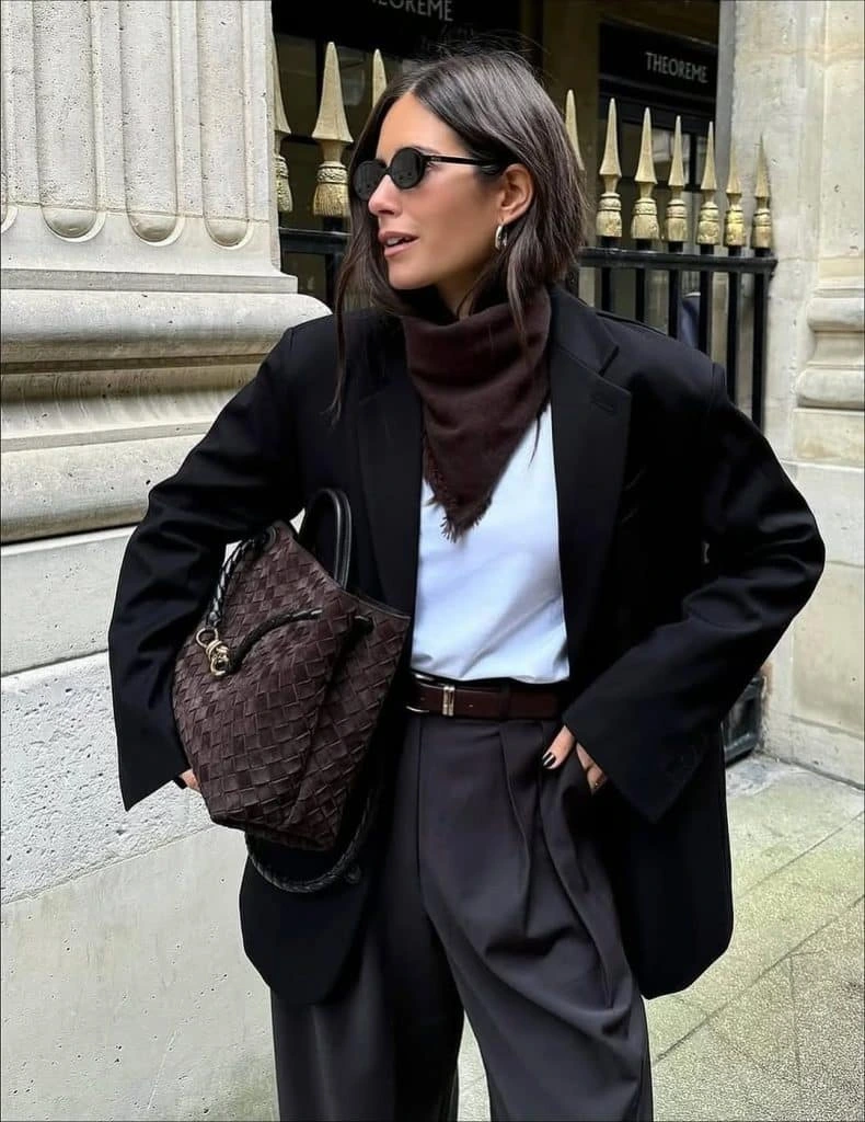 8- Minimal Black, White, and a Dark Scarf
