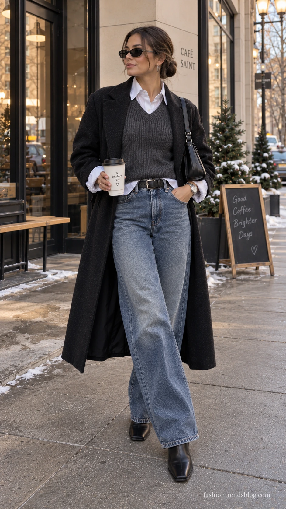 Woman outside a minimalist café in a Y2K winter outfit with white button-up, charcoal knit vest, and baggy jeans