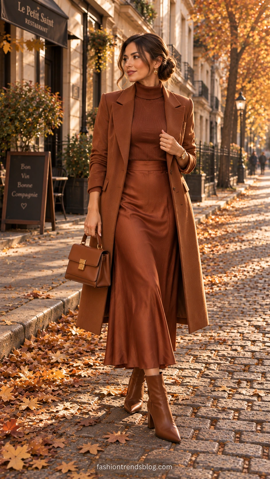 Woman in head-to-toe burnt sienna monochromatic fall wedding guest outfit on a cobblestone street surrounded by amber autumn leaves