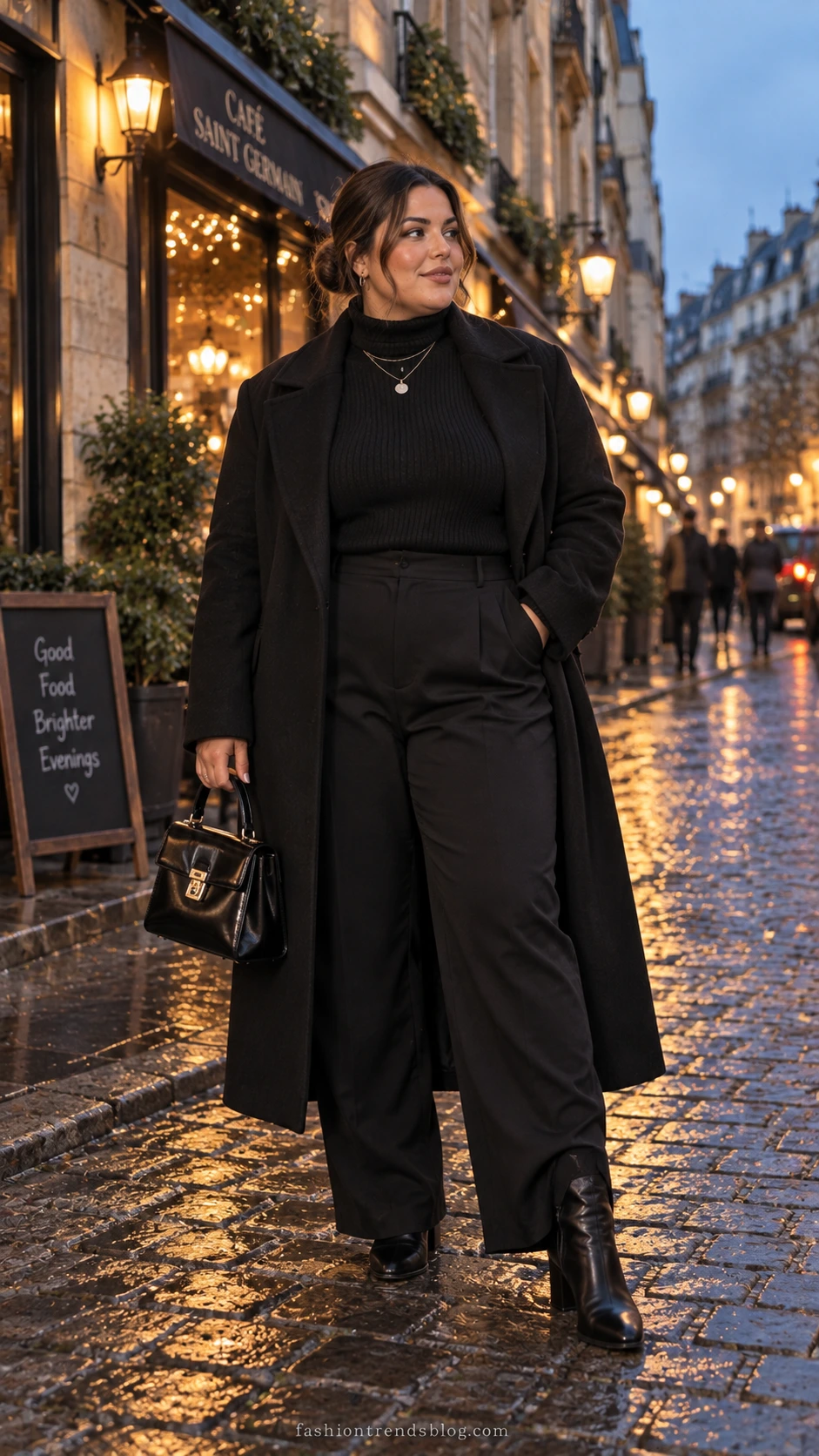 Plus size woman in all-black monochrome winter layers on a cobblestone street at blue hour, showing how a long structured wool overcoat anchors an effortlessly chic cold-weather look