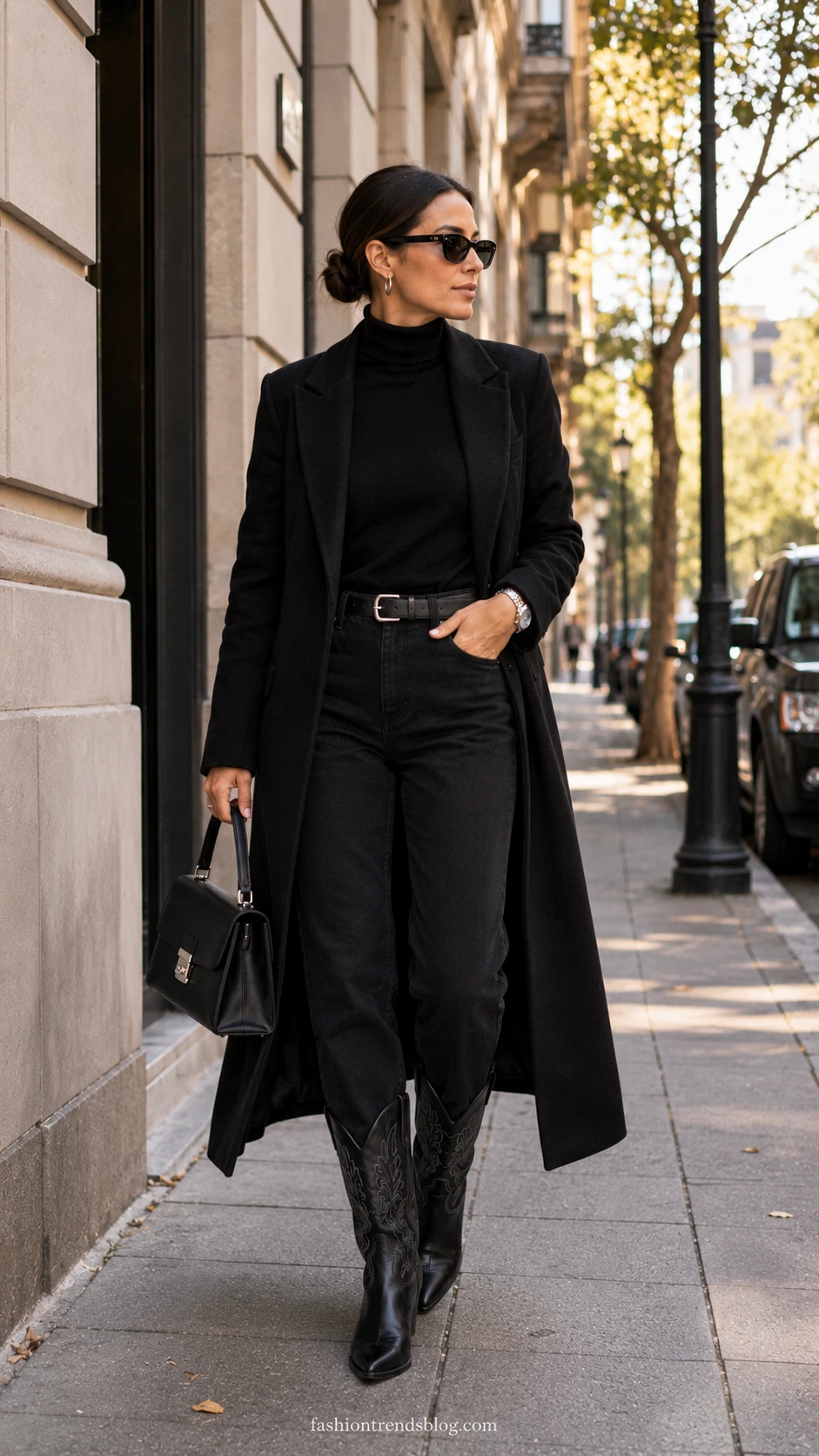 Woman in a monochrome black classy cowboy boots outfit with turtleneck, straight-leg denim, long wool coat, and sleek western boots