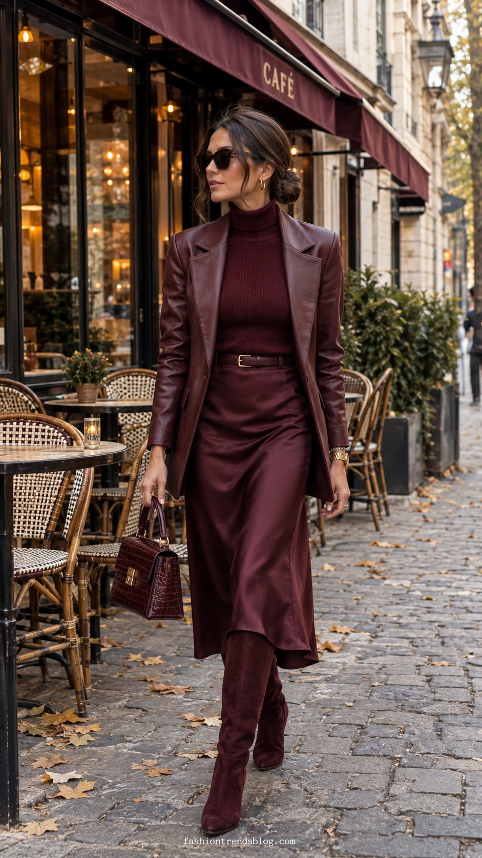 Woman in a Burgundy Classy Outfit with ribbed turtleneck, satin midi skirt, oxblood leather blazer, and suede boots.