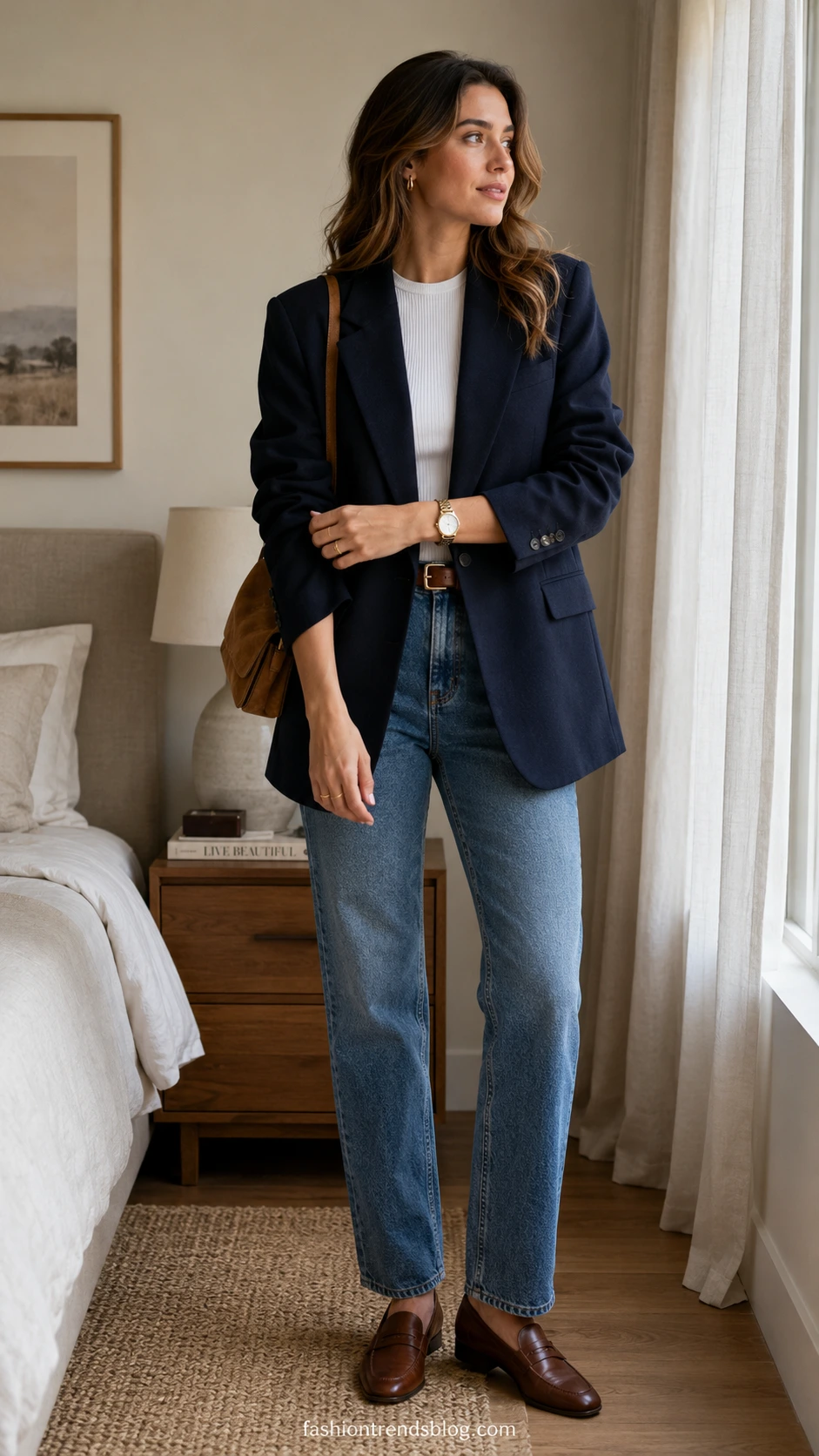 Woman in a modern bedroom wearing an oversized blazer outfit: navy longline blazer, white ribbed tank, and straight-leg jeans