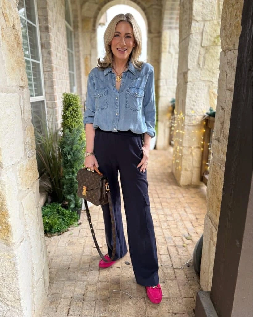 15- Navy Trousers with a Denim Shirt