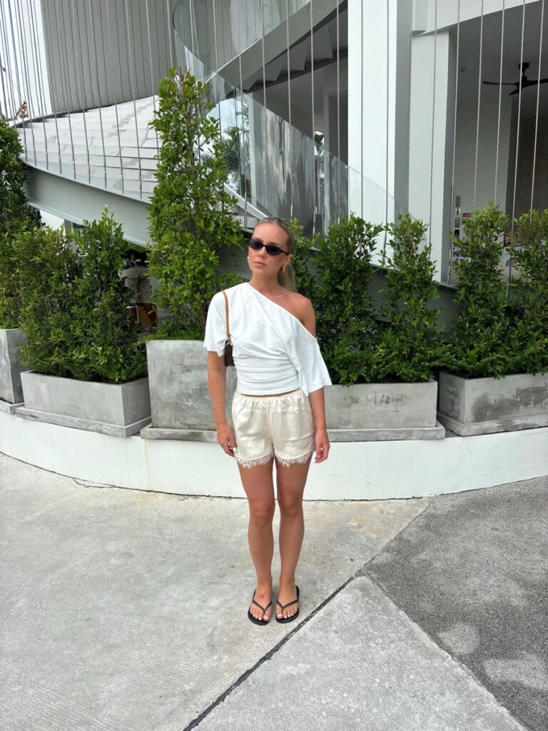 19- One-Shoulder Top and Satin Shorts