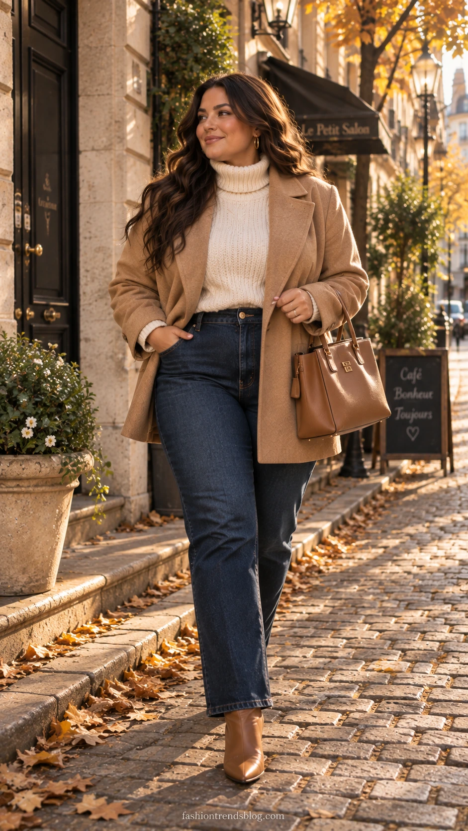 Plus size woman in oversized camel blazer and straight leg jeans walking cobblestone street in autumn sunlight