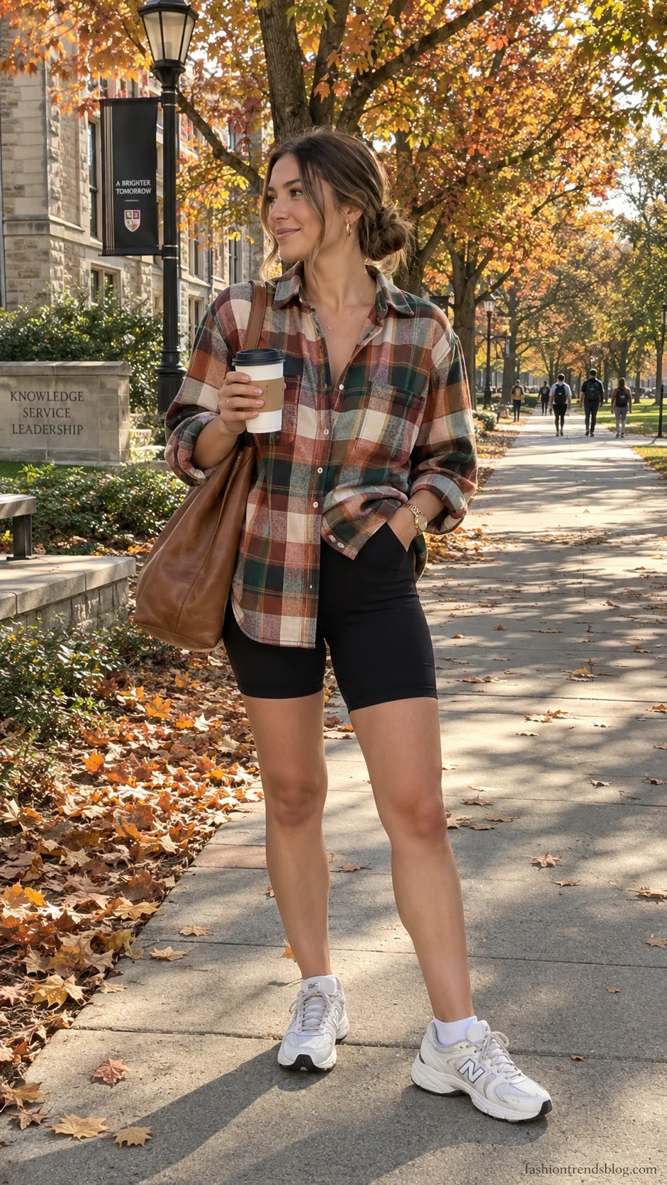 College student wearing oversized buffalo-check flannel shirt over black bike shorts on a sunlit autumn campus sidewalk, a cozy comfy college outfit done right