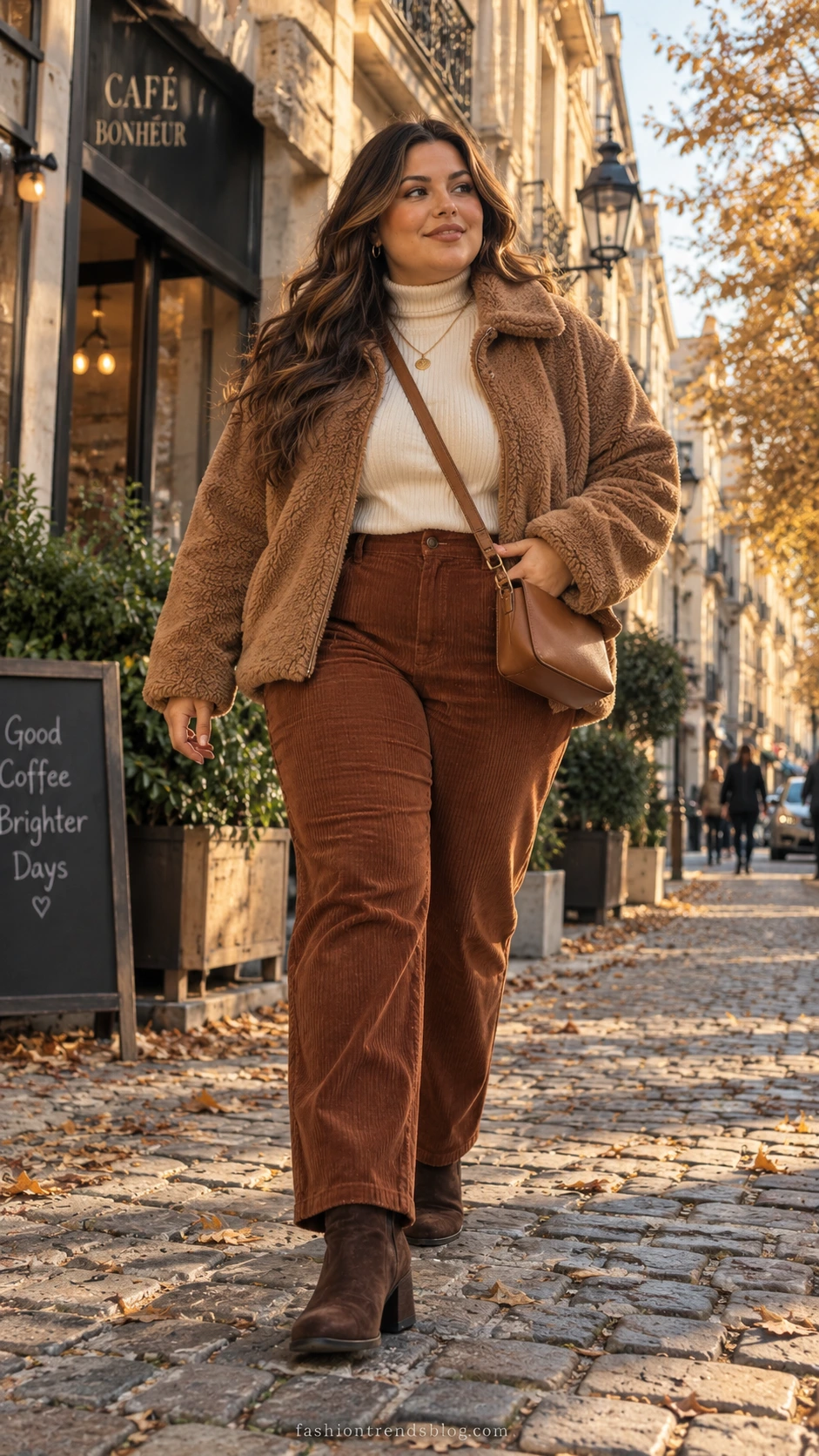 Plus size woman in oversized caramel fleece jacket and straight leg cords walking confidently on cobblestone street, showcasing a cozy yet polished plus size winter outfit