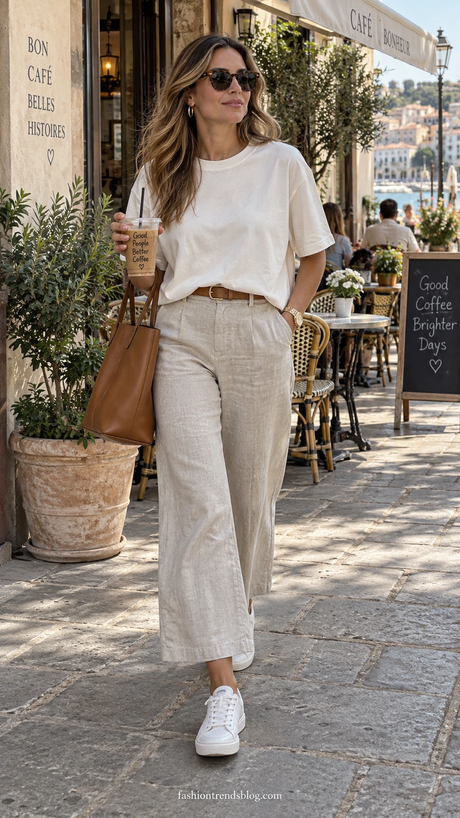 Woman in a casual linen pants outfit pairs an oversized ivory tee with cropped oatmeal wide-leg pants outside a sunny café
