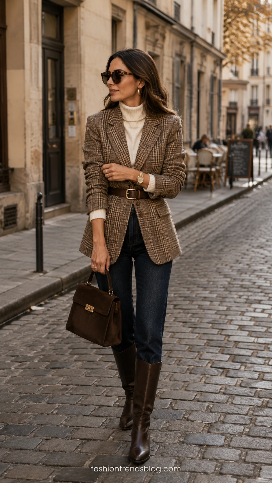 Woman on a cobblestone street wears a belted plaid Oversized Blazer Outfit in autumn light, showing waist definition.
