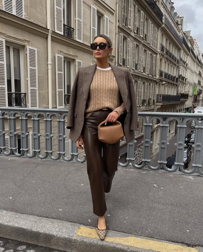 9- Plaid Blazer with Brown Leather Pants