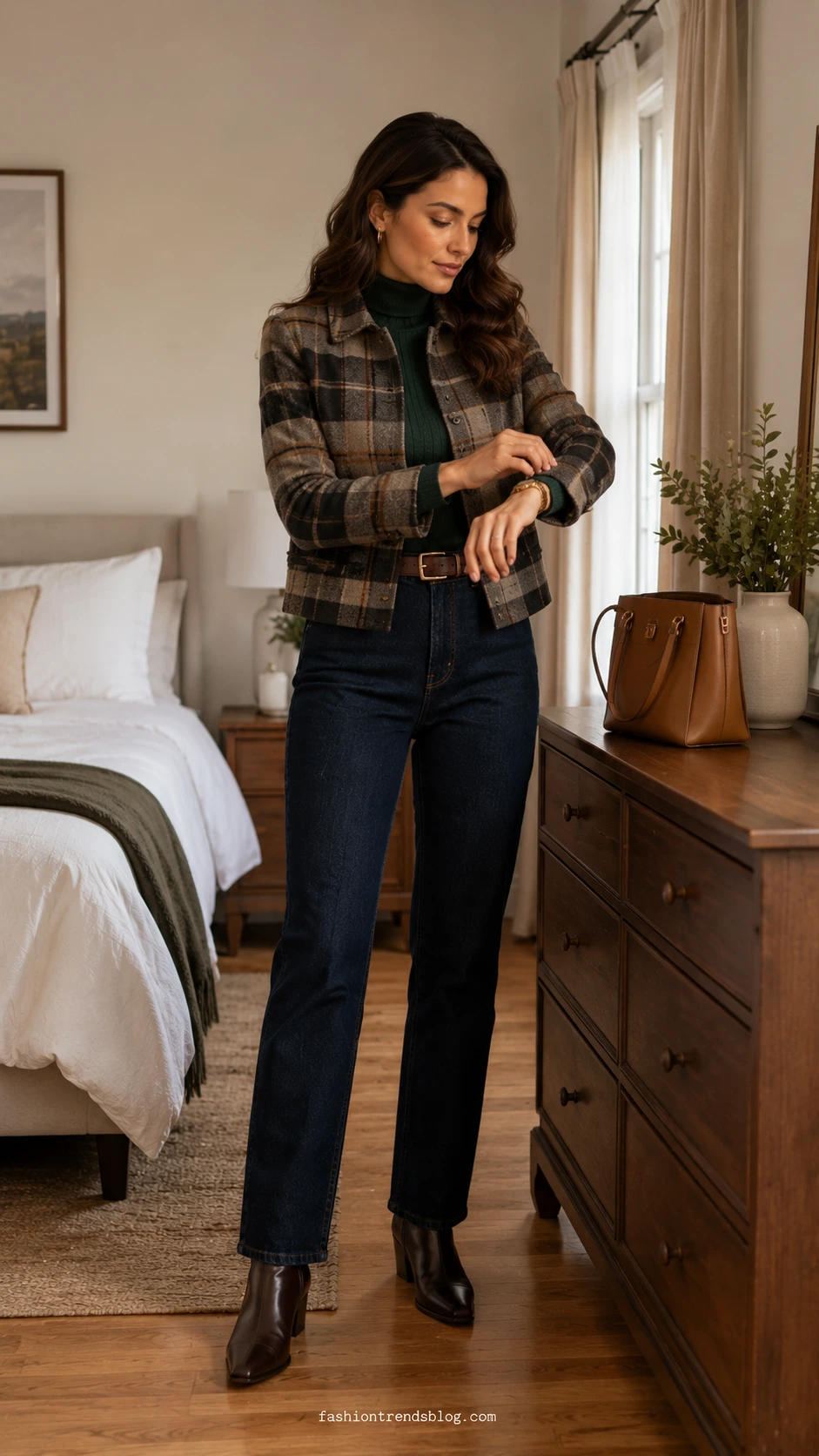 Woman adjusting a gold watch by a dresser in a plaid wool jacket and emerald turtleneck for fall outfit ideas.
