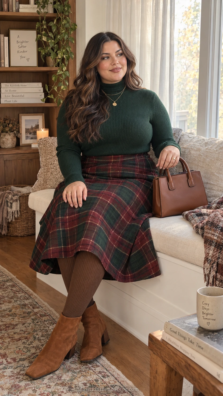 Plus size woman in burgundy plaid midi skirt and fitted ribbed sweater sitting on a window seat in cozy winter afternoon light