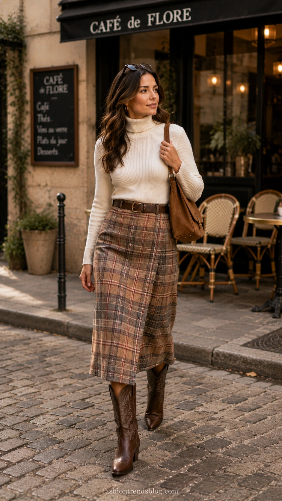 Woman in ivory turtleneck, plaid midi skirt, and dark brown leather boots walking by a café for a Classy Cowboy Boots Outfit