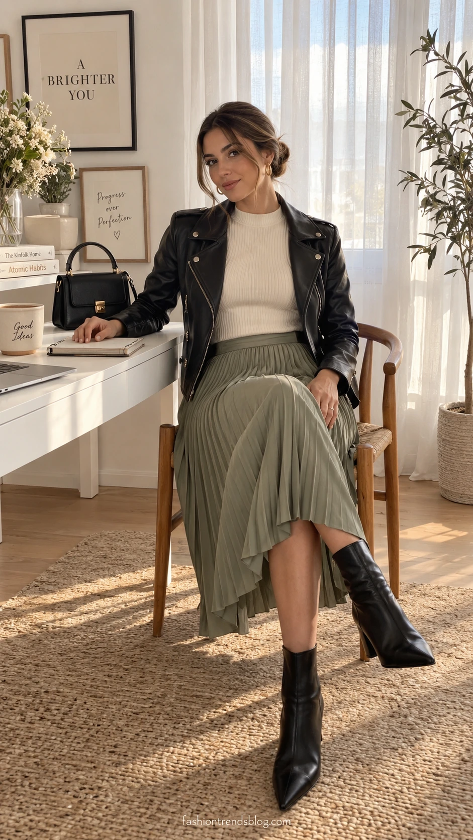 Woman in black leather jacket over cream ribbed knit top, seated at a bright Scandinavian home office desk with soft afternoon light