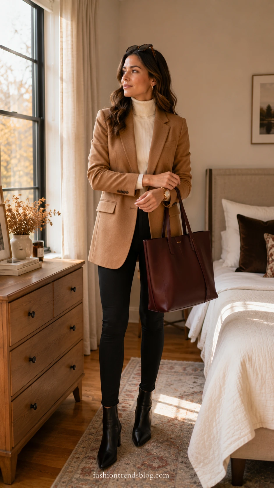 Woman in black ponte leggings, camel hip-covering blazer, ivory turtleneck, and pointed flats for a fall office work outfit