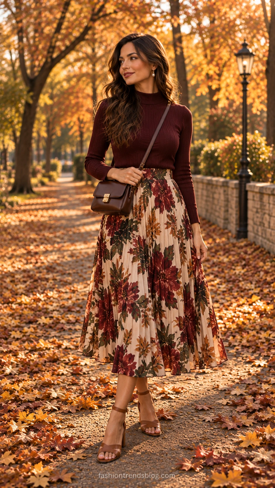 Woman in jewel-toned floral printed pleated midi skirt and fitted top standing on a golden autumn park path, a polished fall wedding guest look