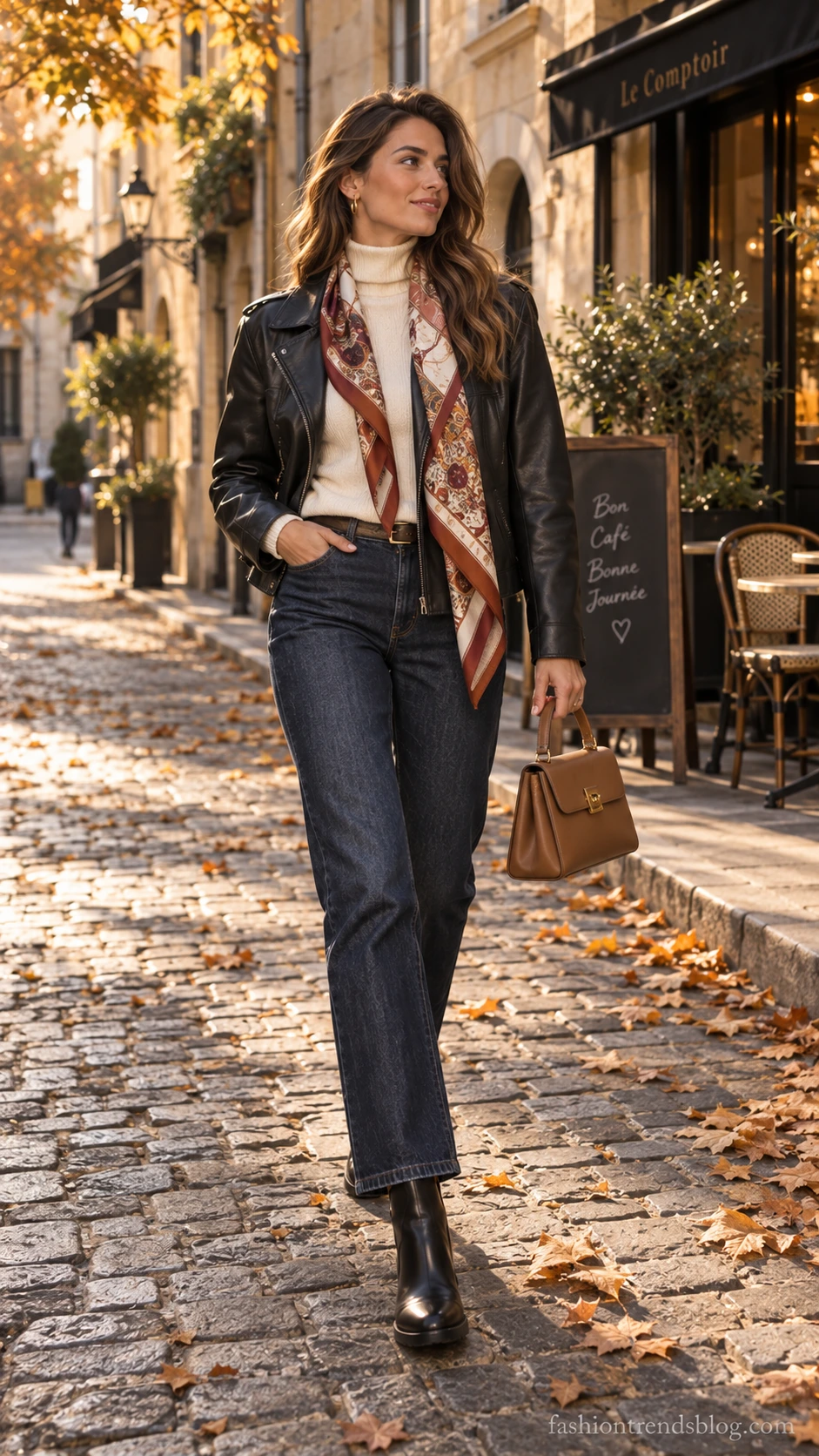 Woman mid-stride on cobblestone street wearing a black leather jacket styled with a vibrant printed scarf, showing how accessories elevate a classic outfit