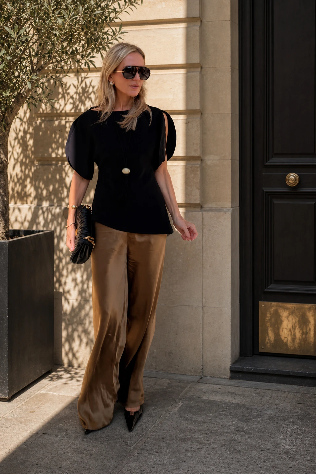 7- Puff-Sleeve Top with Satin Wide-Leg Trousers
