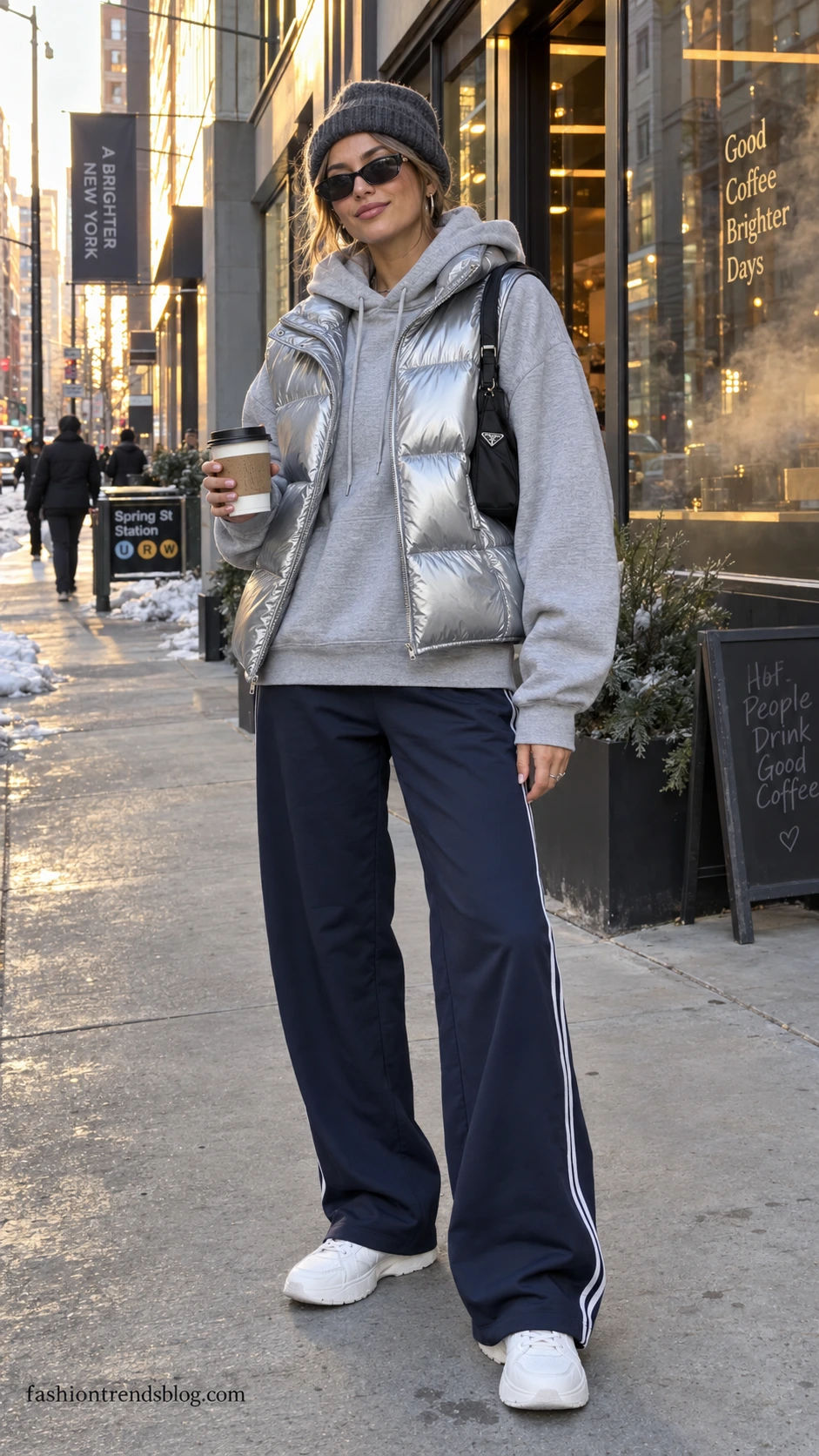 Woman on a city sidewalk wearing a glossy silver puffer vest, gray hoodie, and navy track pants for a Y2K winter outfit.