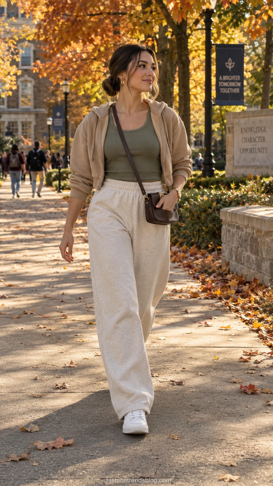Woman walking sunlit campus path in sage green ribbed tank tucked into wide-leg oatmeal sweatpants, a cozy yet elevated college outfit