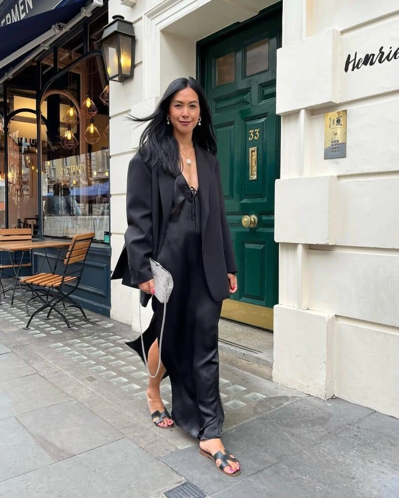 2- Satin Slip Dress with an Oversized Blazer