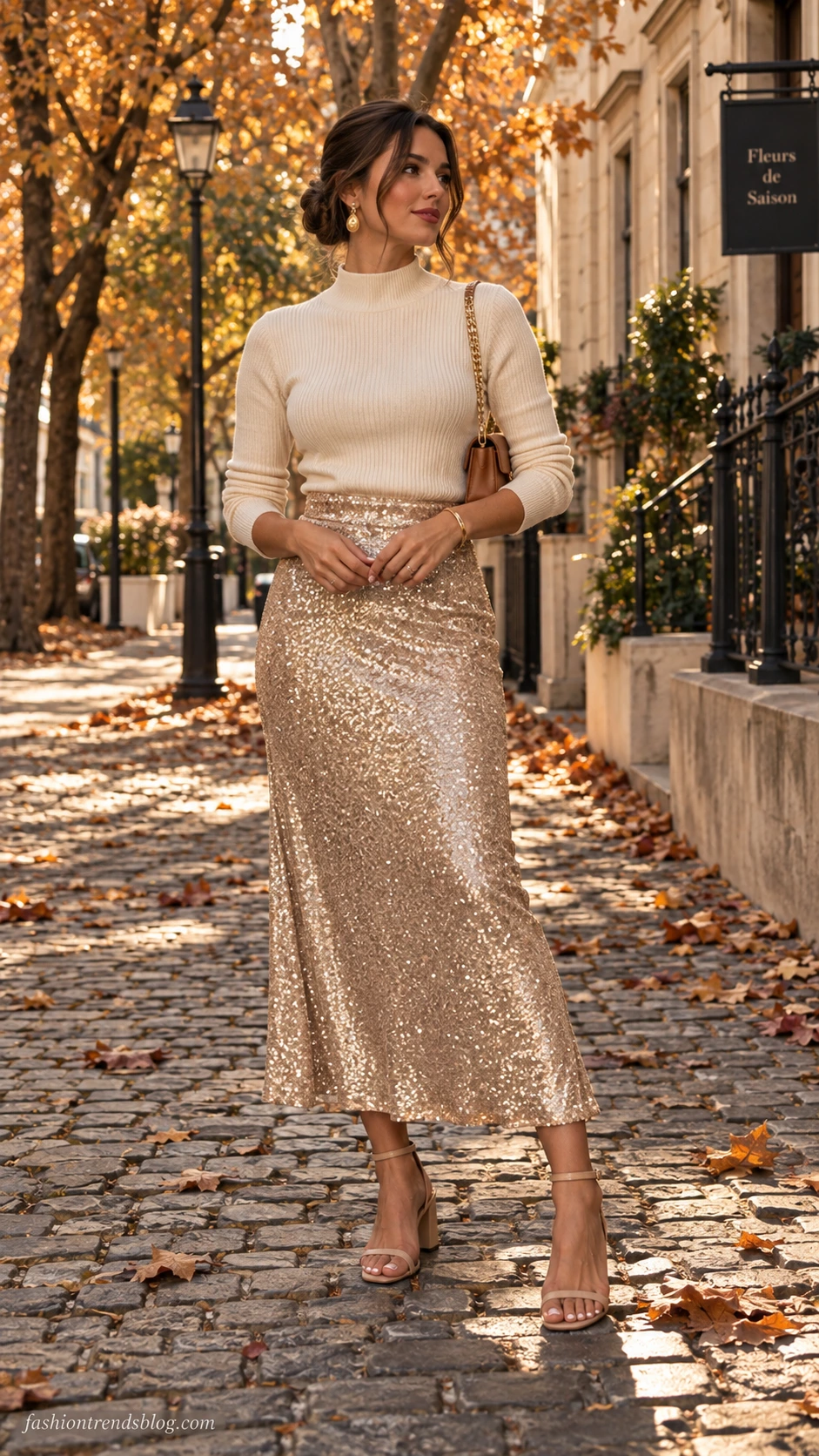 Woman in floor-length champagne gold sequin midi skirt paired with a simple top, styled as a fall wedding guest outfit on a sunlit cobblestone street with amber autumn leaves