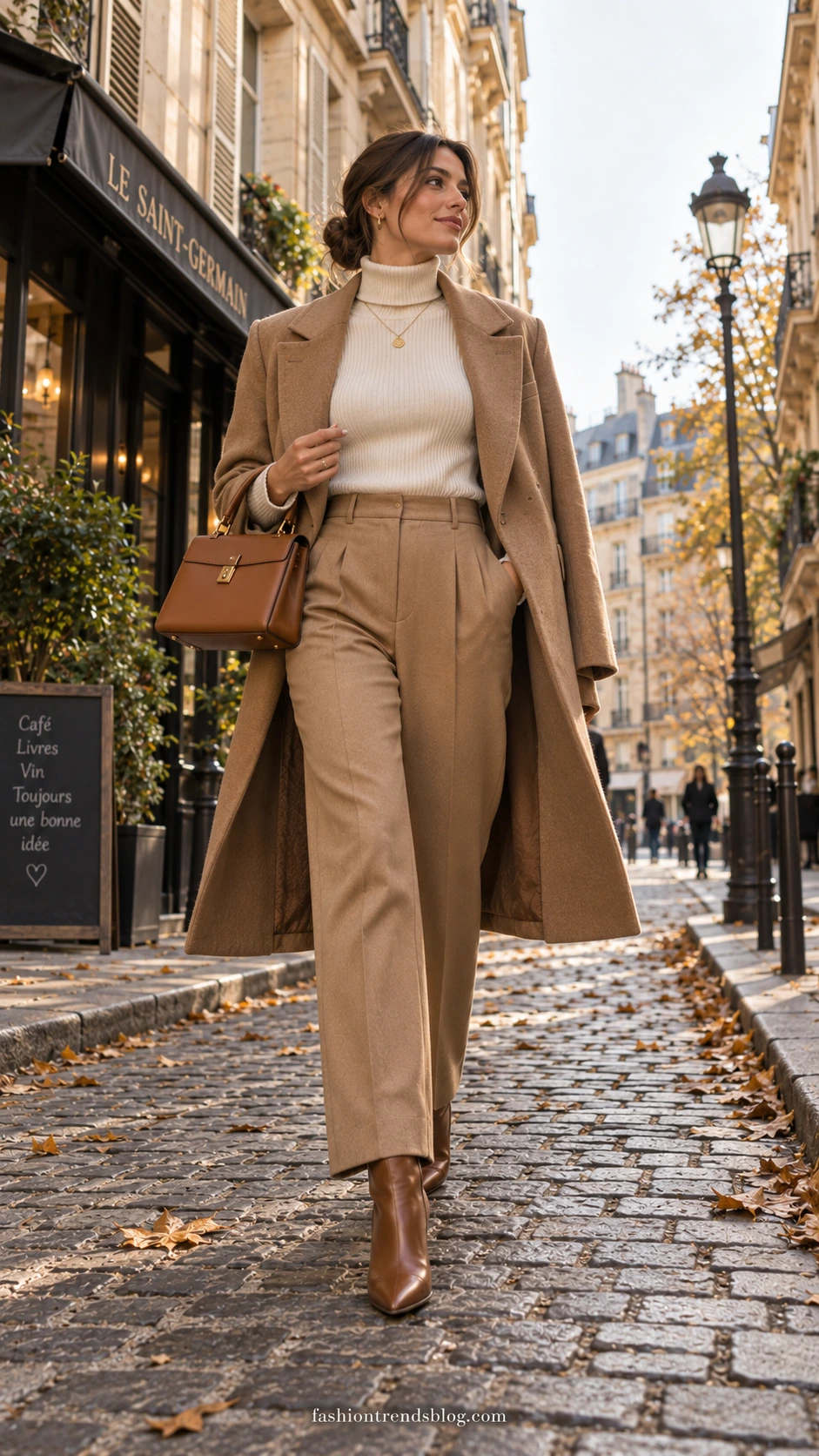 Stylish woman in fitted ribbed ivory turtleneck tucked into high-waisted trousers walking confidently on a cobblestone Parisian street — a chic France travel outfit