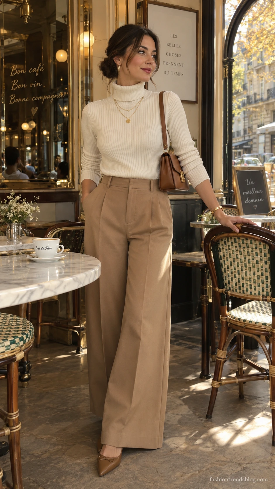 Woman in ivory turtleneck and camel wide-leg trousers wearing a simple gold jewelry set inside a warm Parisian café, showcasing chic France travel outfit styling