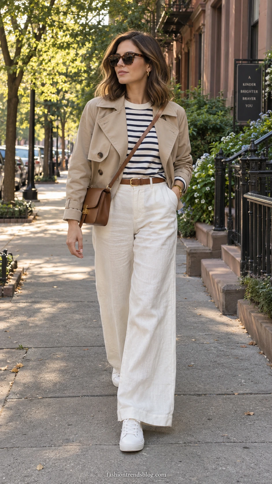Casual Linen Pants Outfit pairing ivory wide-leg linen pants with white sneakers, striped knit top, and cropped trench jacket