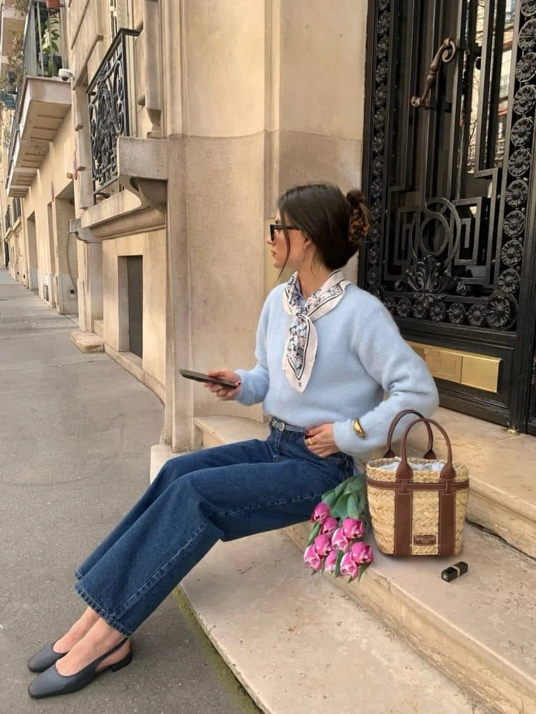 14- Soft Sweater, Straight Jeans, and Silk